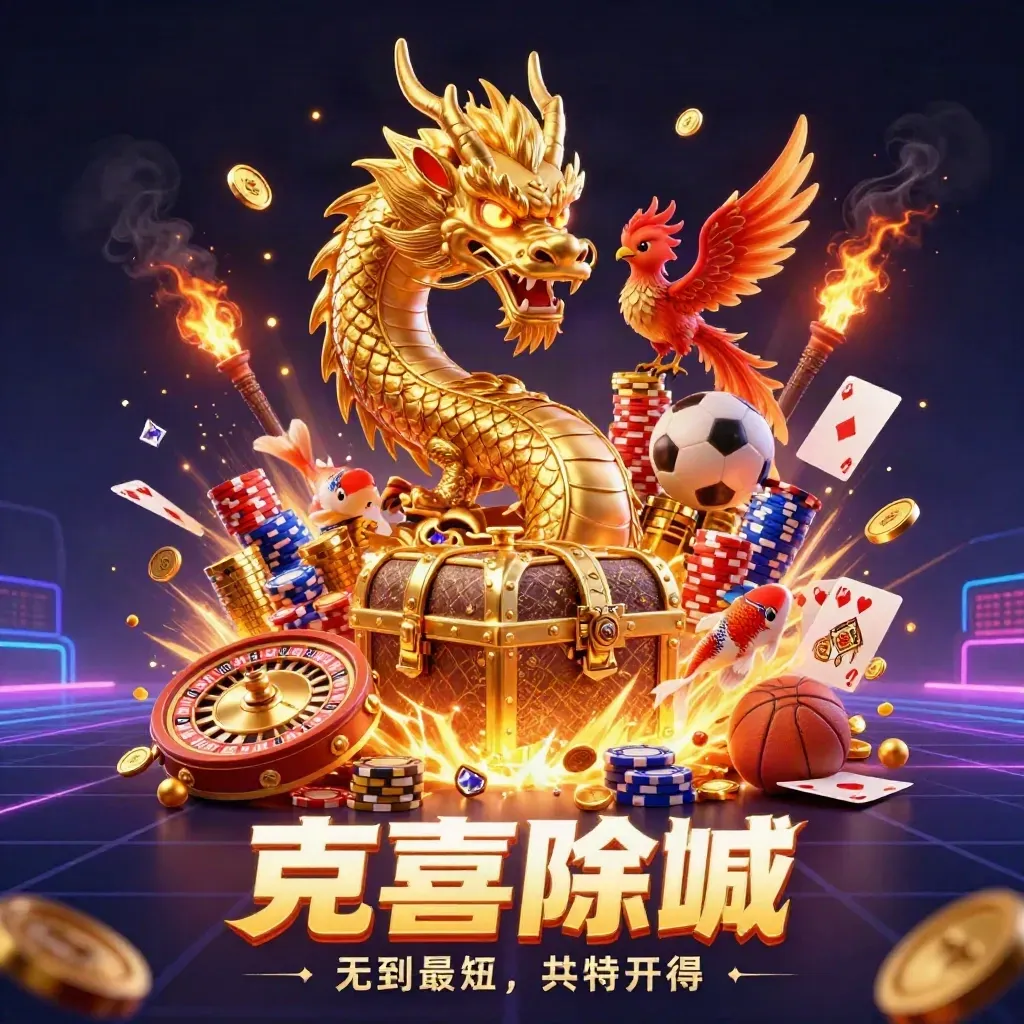 Golden dragon, phoenix, koi, and casino treasures explode in a neon premium game splash scene.