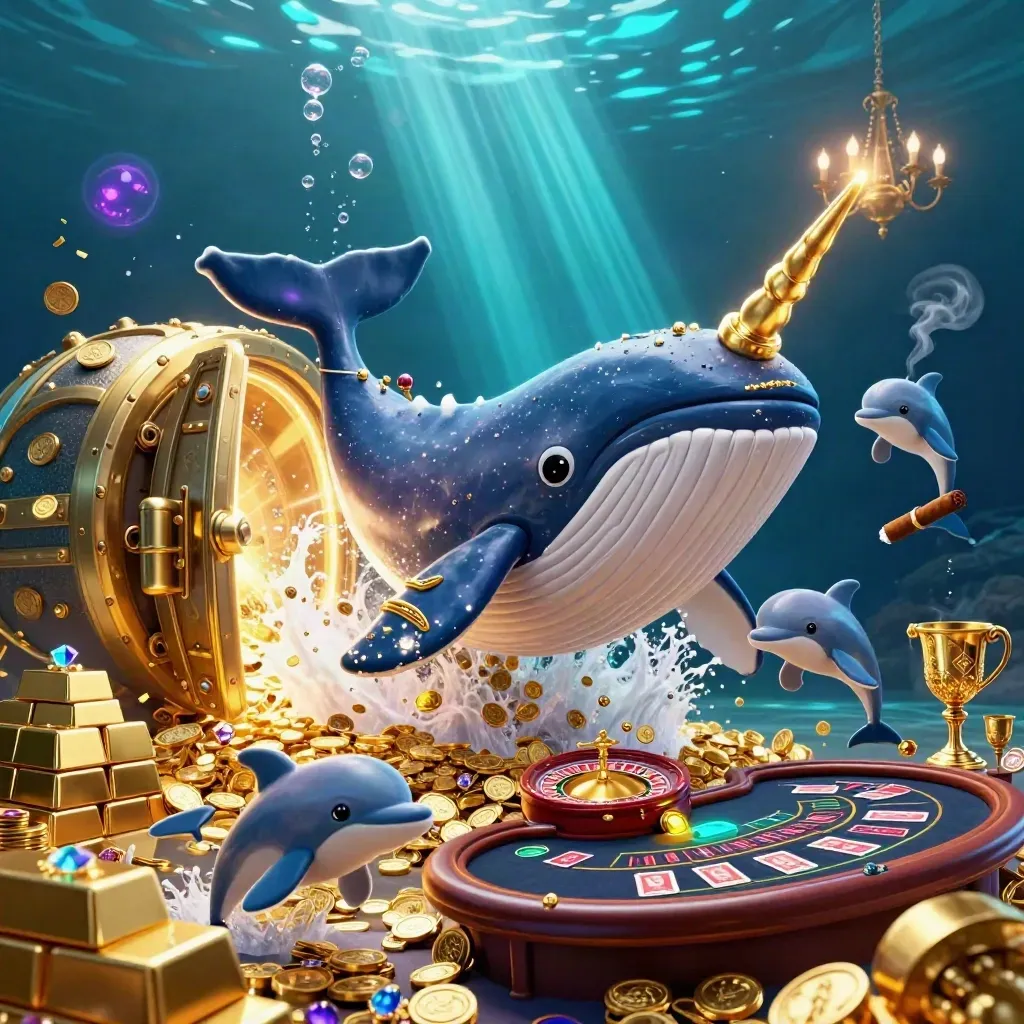 Whale captain, narwhal, and dolphins amid gold, gems, vault light, and casino glow underwater