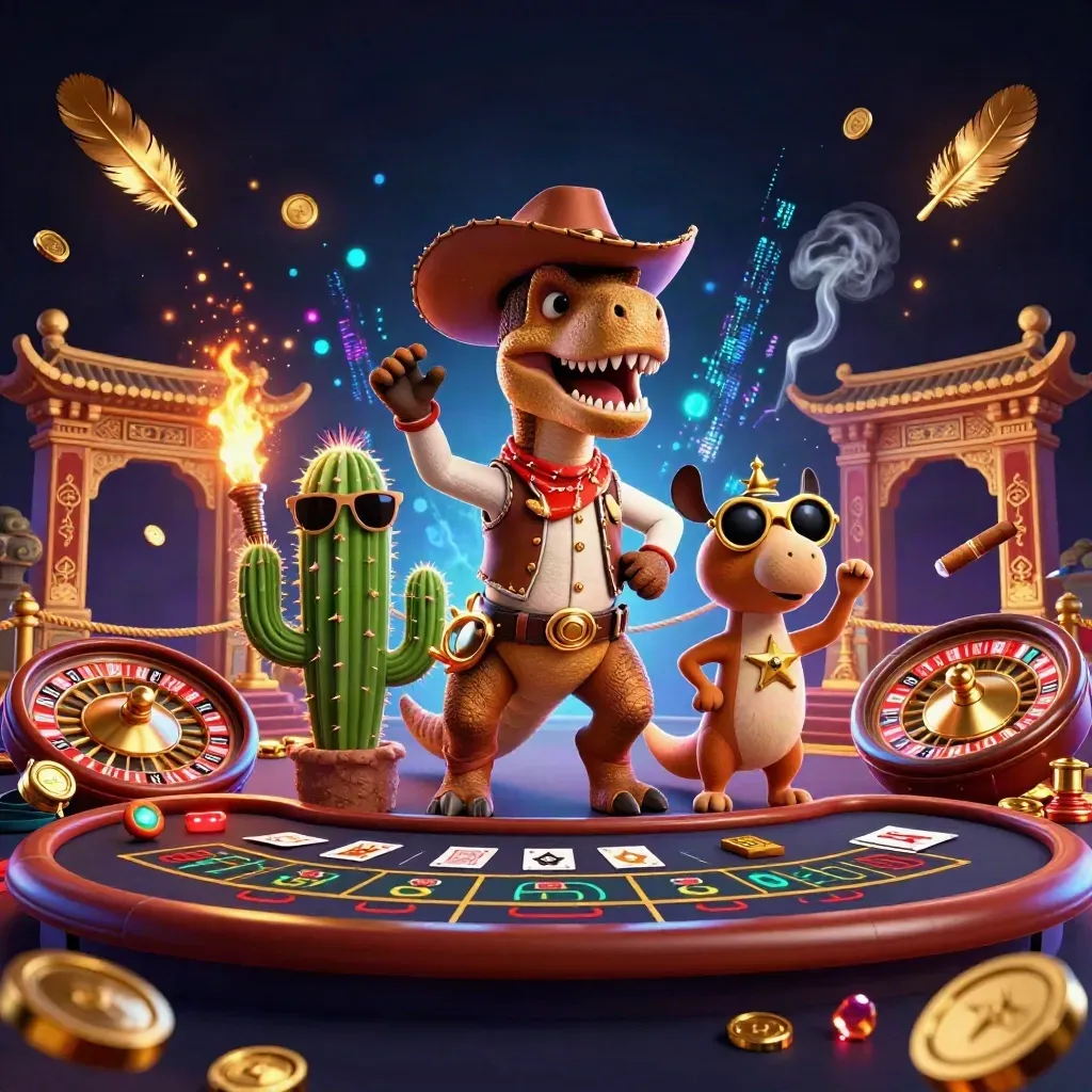 Cowboy T-Rex, cactus sidekick, and roadrunner in a neon casino showdown with roulette and cards.