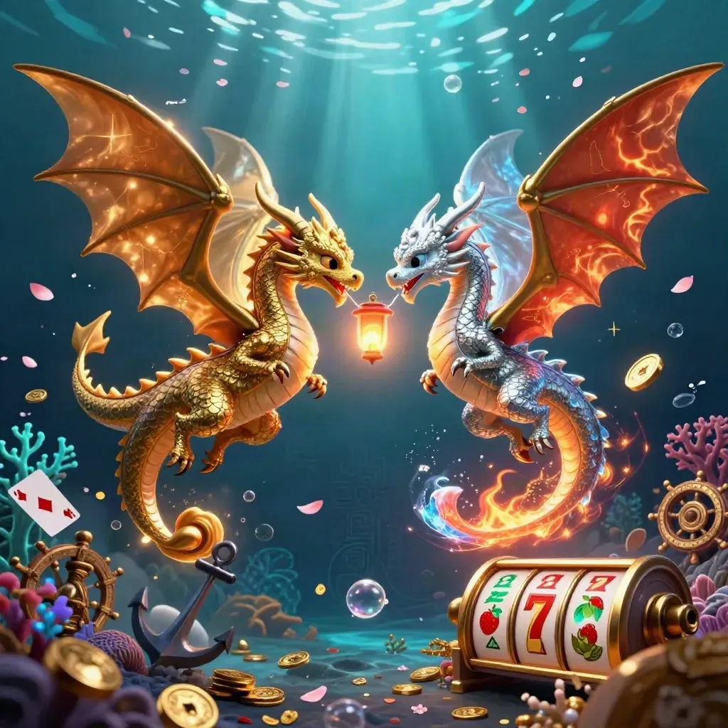 Twin gold and silver dragons spiral underwater amid treasure, coral, cards, and neon casino glow.