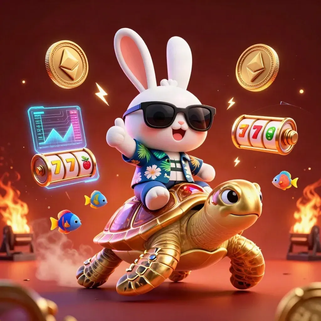 Lucky rabbit on golden turtle with coins, fish, and neon casino effects in a crimson glow.