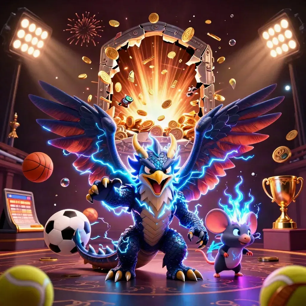 Thunder dragon, wind hawk, and thunder-mouse amid coins, vault sparks, and fireworks.