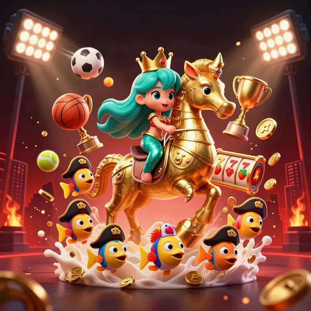 Mermaid princess on golden seahorse amid fish, coins, sports balls, and casino sparks.