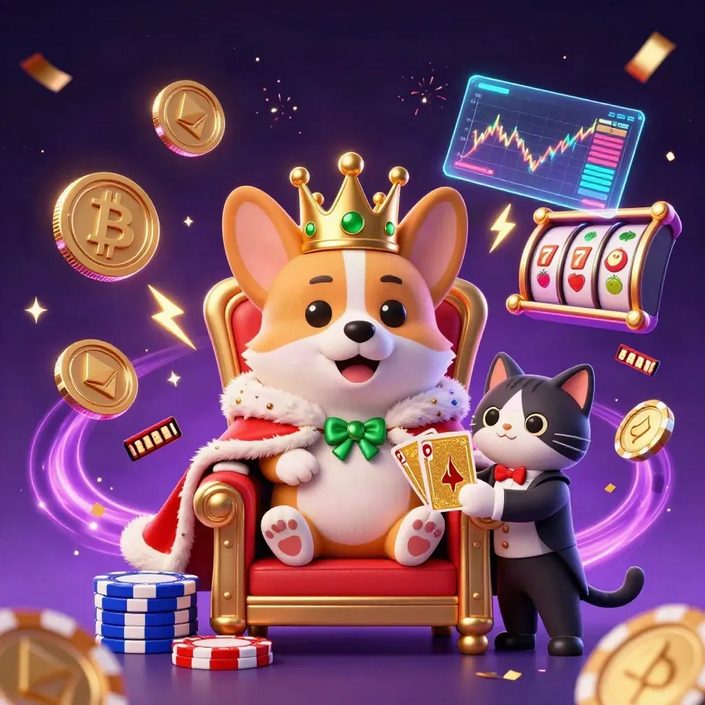 Royal corgi and cat butler on poker chips with glowing coins and casino magic