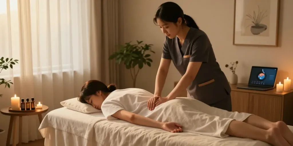 Relaxing home massage setting featuring a professional providing 강남출장안마 services with soothing ambiance.